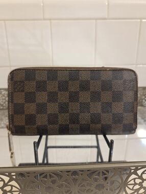 Louis Vuitton Damier Ebene (Brown) Leather Zip Card Wallet with Gold Hardware